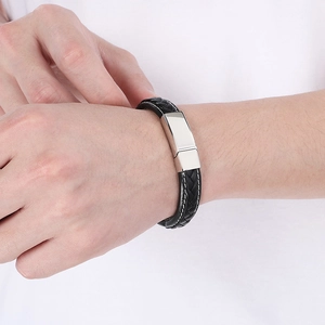 Men's double-layer braided black leather bracelet with silver stainless steel magnetic clasp