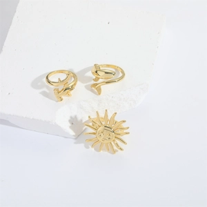 Three-piece gold plated sun face and marine shark whale tail adjustable ring set