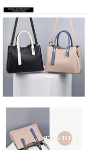 Detailed view of two-tone pebbled leather handbags with contrast straps and metal hardware
