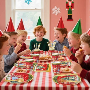 Christmas Nutcracker party tableware set featuring children celebrating at festive table