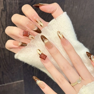 Luxury brown sugar handmade press-on nails with amber square diamonds and cat-eye finish