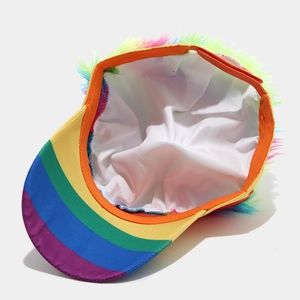 Rainbow striped party hat with colorful faux fur trim for festivals and events