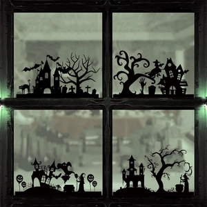 Halloween Wandaufkleber Fensterbilder PVC Selbstklebend Silhouette Fledermaus Schloss Hexe Kürbis Festliche Heimdekoration