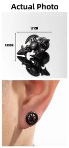 Close-up of black gothic bat cross stud earrings with precise physical measurements
