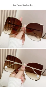 Détail de lunettes de soleil dorées oversize avec verres dégradés et décorations perles