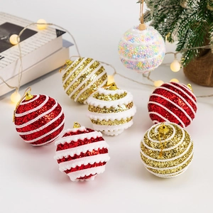 Festive 8cm Christmas ball ornaments with glitter stripes and beads for holiday tree decor
