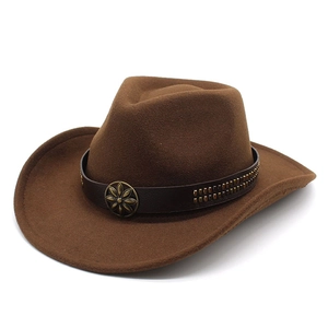 Brown wool cowboy hat with leather studded band and decorative sunflower metal badge
