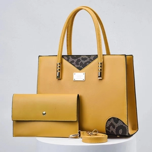 Ensemble sac à main et pochette jaune en similicuir avec coutures à motifs