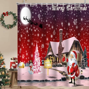 Detail of Christmas shower curtain with Santa, snowman and reindeer in a bathroom setting