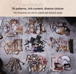 Macro view of 30 vintage hollow material cards featuring Victorian masks and keys