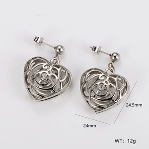 Minimalist silver heart earrings in stainless steel with hollow design and size dimensions