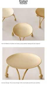 Detail of gold metal candle holder tray featuring three-leg support and matte finish