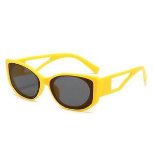 Fashionable oval yellow sunglasses with hollow geometric temples and grey lenses