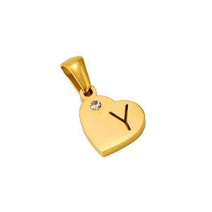Detailed view of a gold heart pendant featuring an engraved letter Y and a sparkling rhinestone