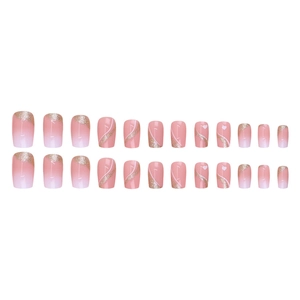 Pink and white gradient short press-on nails with golden glitter and heart patterns