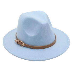 Detail of light blue wool felt fedora hat with brown leather band and golden buckle