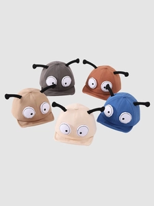 Flat lay view of 5-piece baby baseball caps set with cute insect eyes and antennas