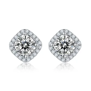Classic S925 sterling silver halo stud earrings with round brilliant cut lab diamonds