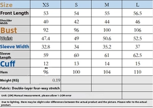 Size chart detail for casual gold-button jacket with chest, shoulder, and length specs