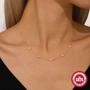 Elegant S925 sterling silver gold necklace with sparkling cross star zircon pendants