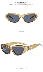 Front and 45-degree side views of olive green cat eye sunglasses with star detail