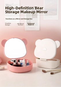 Detail view of bear-shaped makeup mirror boxes with inner storage and high-definition glass