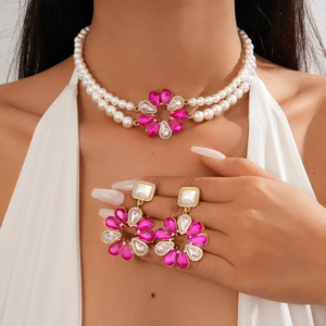 Baroque layered pearl necklace and floral earrings with pink teardrop crystal set