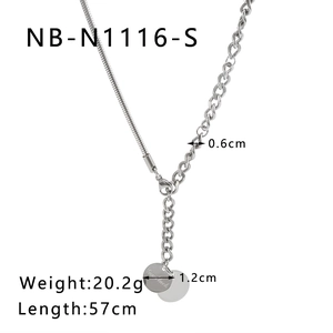 Detail of silver dual-style snake and cuban chain necklace with Good Luck coin pendant