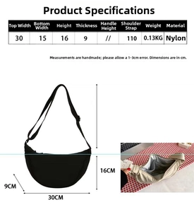Detailed size chart for nylon crossbody bag showing 30x16x9 cm dimensions