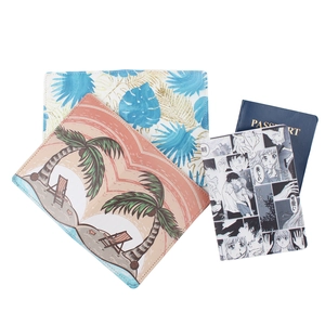 Three stylish passport covers with tropical leaf, beach sunset, and manga prints