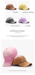 Close-up of distressed vintage baseball caps in khaki, yellow, grey, purple and pink