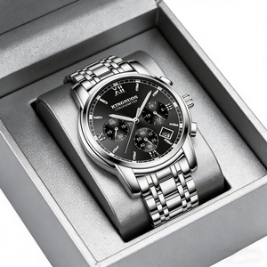 Premium men's stainless steel watch with black dial and chronometer in a luxury gift box