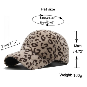 Faux fur leopard print baseball cap for women with adjustable strap and curved brim