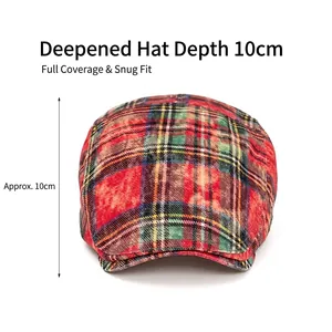 British style plaid flat cap with 10cm depth shown on a clean white background
