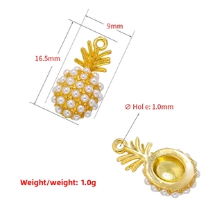 Detailed view of pineapple-shaped pearl charms with dimensions and hollow metal back