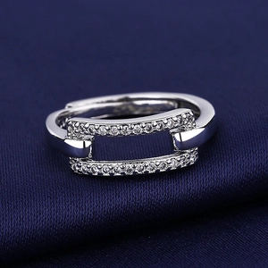 Double layer silver ring with rectangular hollow design and sparkling zircon stones