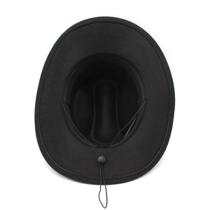 Detail view of the black cowboy hat interior with adjustable strap and windproof cord