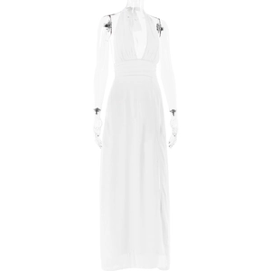 Elegant white halter V-neck maxi dress with waist tie and backless detail shown on model