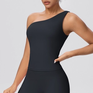 Close-up of a black one-shoulder yoga vest featuring high-stretch fabric and slim fit design