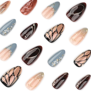 3D pearlescent glitter press-on nails in short almond shape with assorted elegant designs