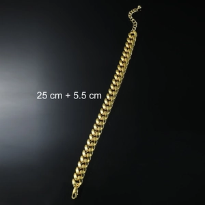 Detailed shot of golden cuban link anklet with length label 25cm plus 5.5cm extension