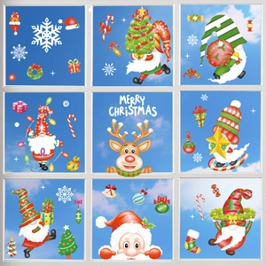 9-sheet Christmas window clings featuring Santa, Reindeer, Gnomes and Snowflakes