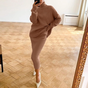 Dames Gebreide Trui Met Col En Midirok Outfits Casual Losse Lange Mouwen Effen Kleur Warme Herfst Winter