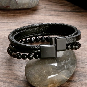 Multilayer black leather and natural stone bead bracelet with magnetic metal clasp for men