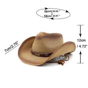 Dettaglio cappello cowboy marrone in paglia con fascia in pelle e dimensioni