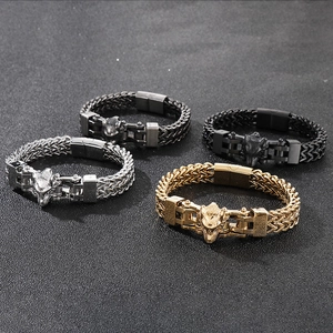 Hip hop men's braided titanium steel bracelets featuring detailed wolf head design in four colors