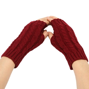 Winter knitted fingerless gloves in burgundy wine red with classic cable knit pattern