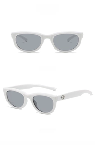 Detailed views of white vintage cat eye sunglasses with grey lenses and silver metal trim