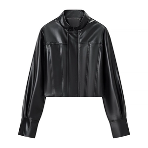 Giacca In Similpelle Da Donna PU Collo Alto Vestibilità Slim Maniche Lunghe Corta Giubbotto Biker Streetwear Nero