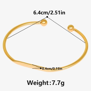 Detailed view of 18k gold stainless steel cuff bracelet with 6.4cm diameter and dimensions